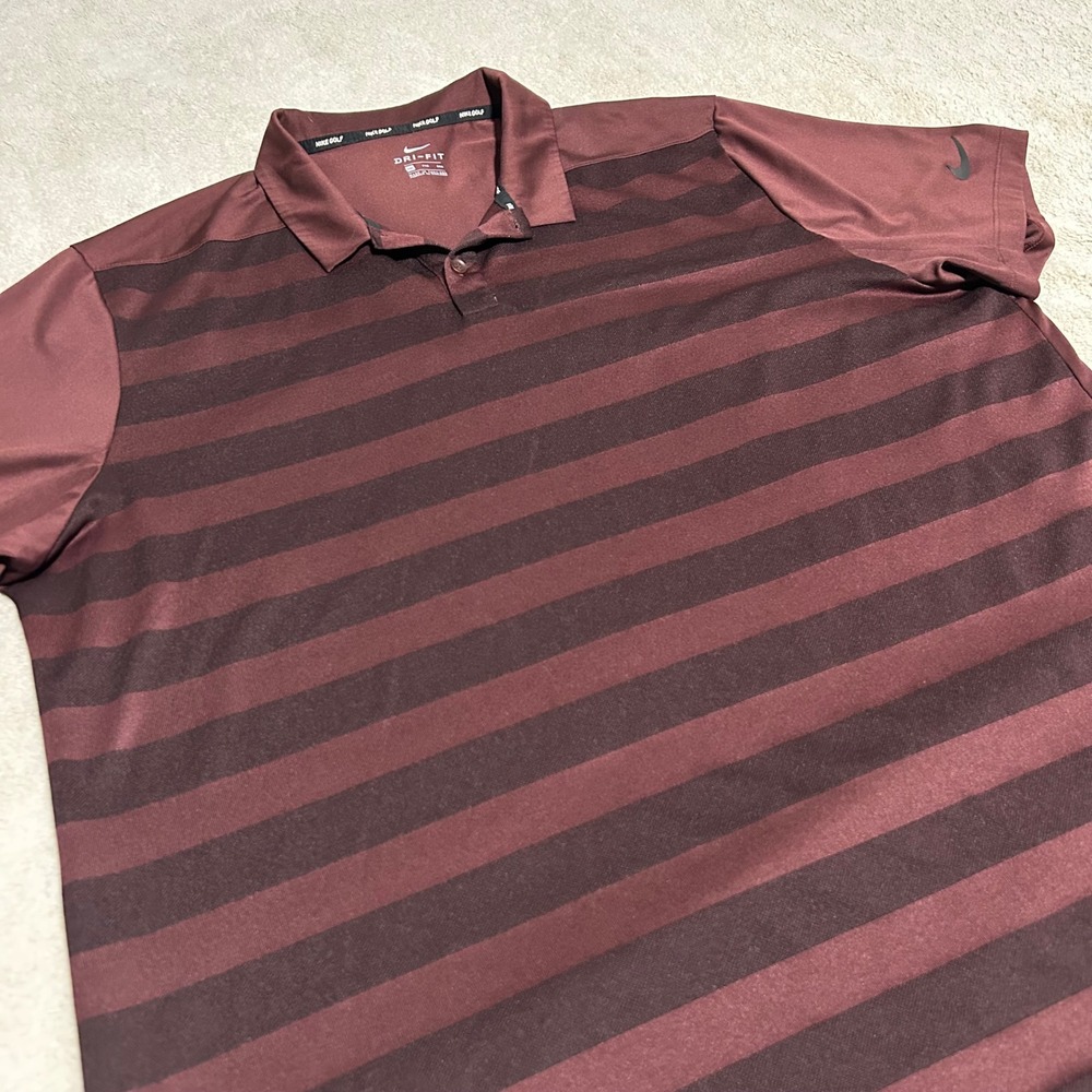 Nike Golf Polo Shirt Mens XXL Burgundy Striped Dri-Fit Performance